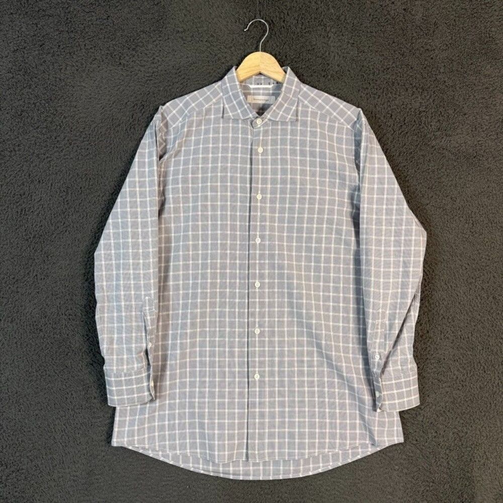 Ermenegildo Zegna Dress Shirt Mens Large Gray Check Spread Collar Long Sleeve